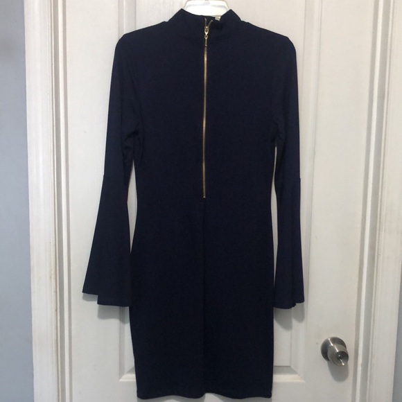 NWOT Venus Navy Blue Mock Turtleneck Bell Sleeve Midi Sheath Dress sz Small - Picture 3 of 6